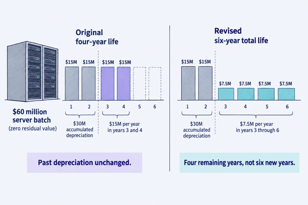 A server batch with $30 million remaining book value is depreciated over four remaining years after its total estimated life increases from four to six years.