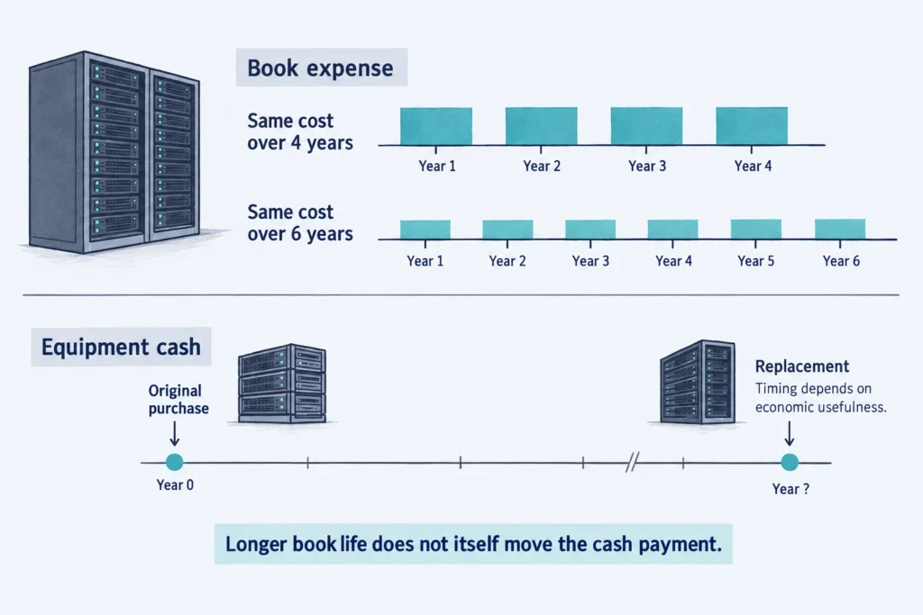 A longer depreciation schedule spreads book expense across more years without automatically changing equipment purchase or replacement payments.