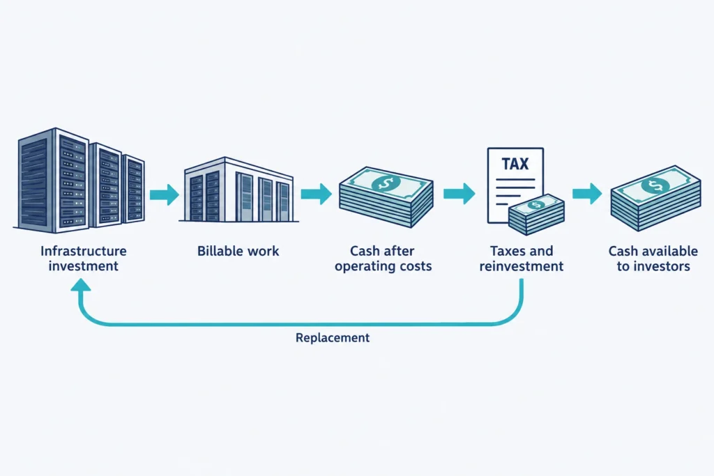Infrastructure investment produces investor cash only after billable work, operating costs, taxes, and reinvestment.