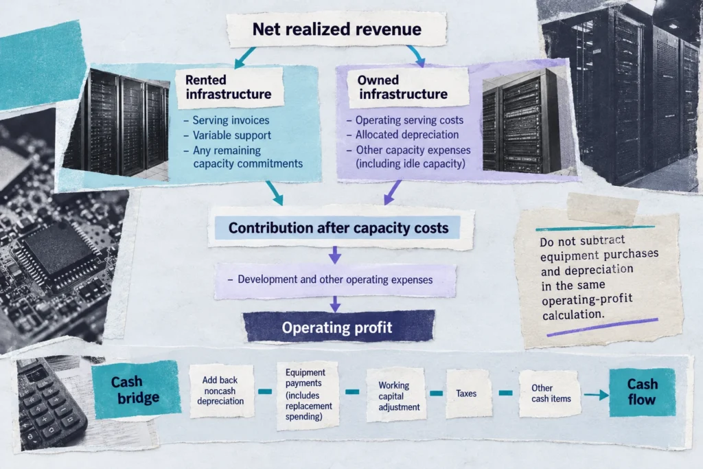 Diagram distinguishing rented serving invoices from owned-equipment depreciation and separating operating profit from cash economics.
