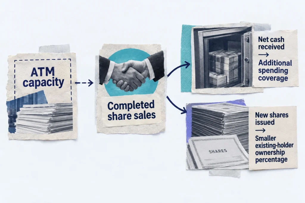 Completed ATM share sales add cash while increasing the shares over which ownership is divided.