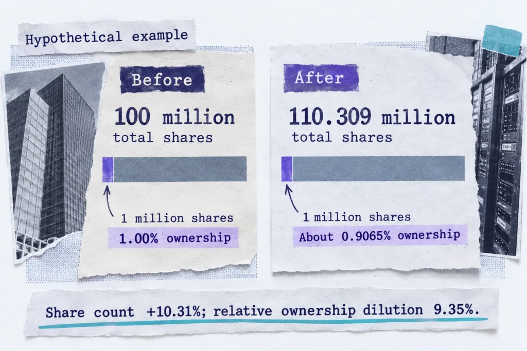 A one-million-share holding falls from 1% to about 0.9065% ownership when total shares rise to 110.309 million.