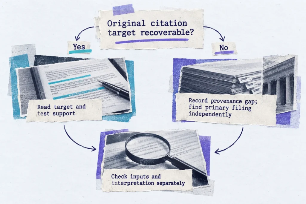 An unavailable citation target creates a provenance gap, while independent filing verification can still check the claim.