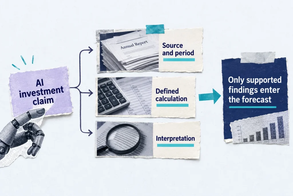An AI investment claim is checked for its source, calculation, and interpretation before entering a forecast.