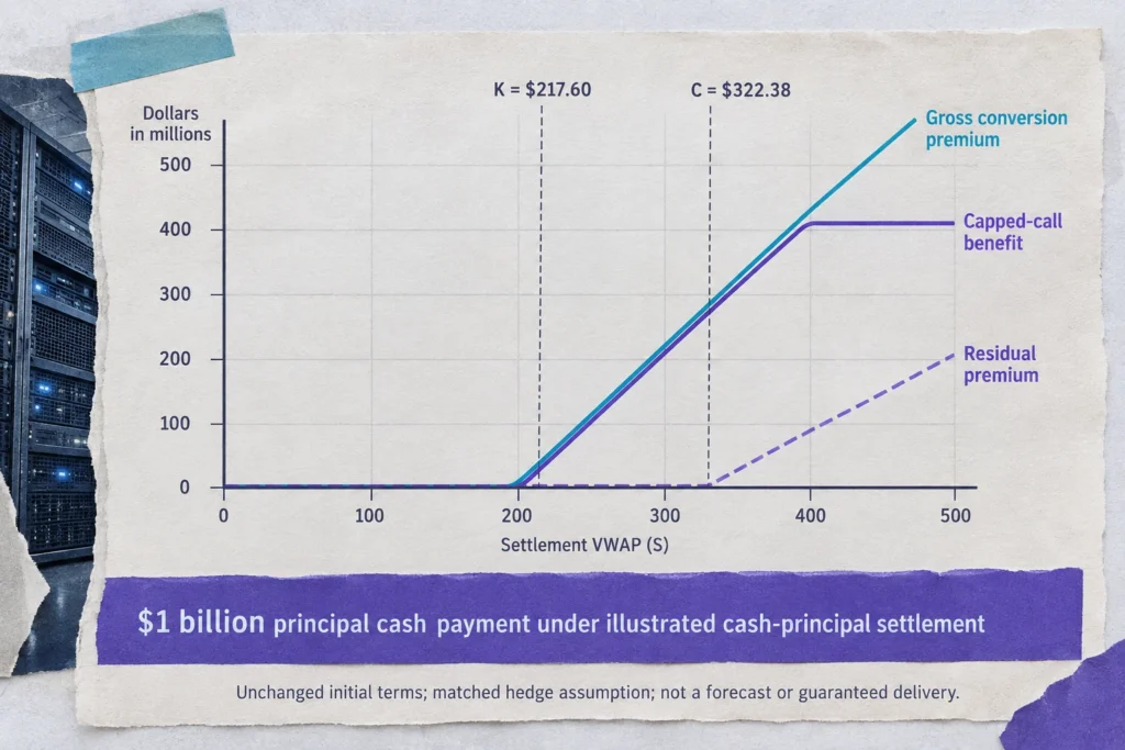 Capped-call protection grows between the conversion strike and cap, while residual premium grows above the cap and principal remains payable.