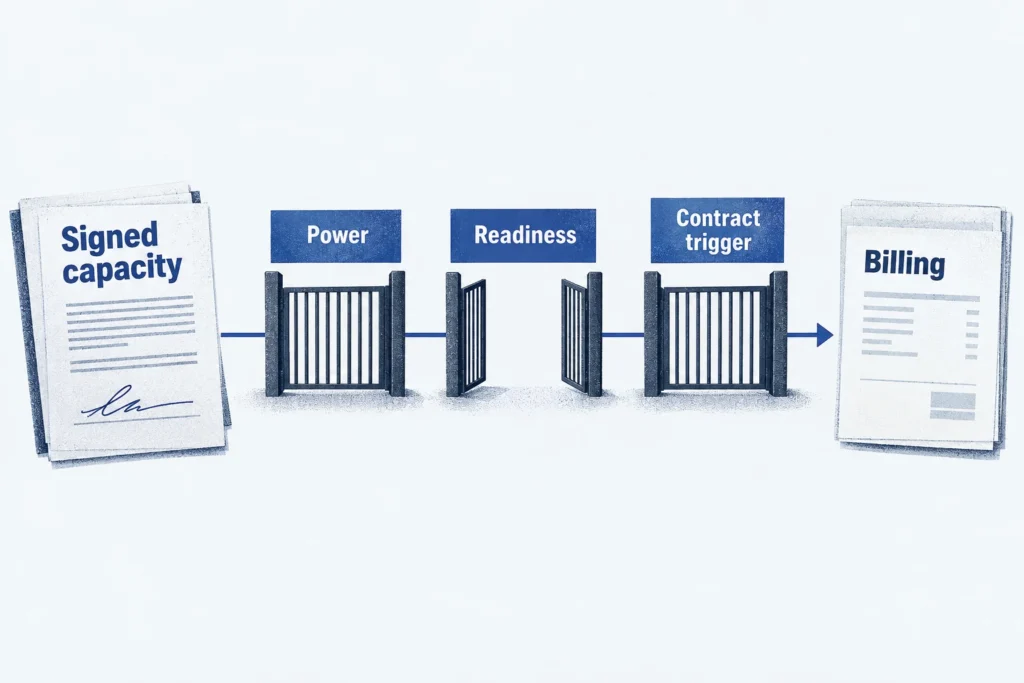Signed data-center capacity must pass power, readiness, and contractual conditions before recurring billing.