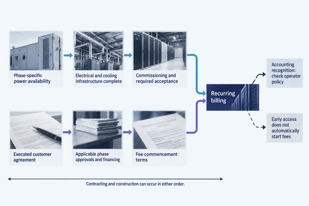 Physical delivery and contractual conditions converge at recurring billing, while accounting recognition requires a separate policy check.