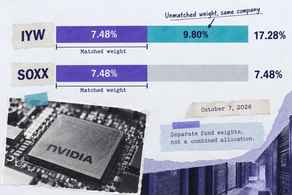 Nvidia’s smaller 7.48% position contributes to overlap, while IYW’s additional 9.80 percentage points still belong to the same company.