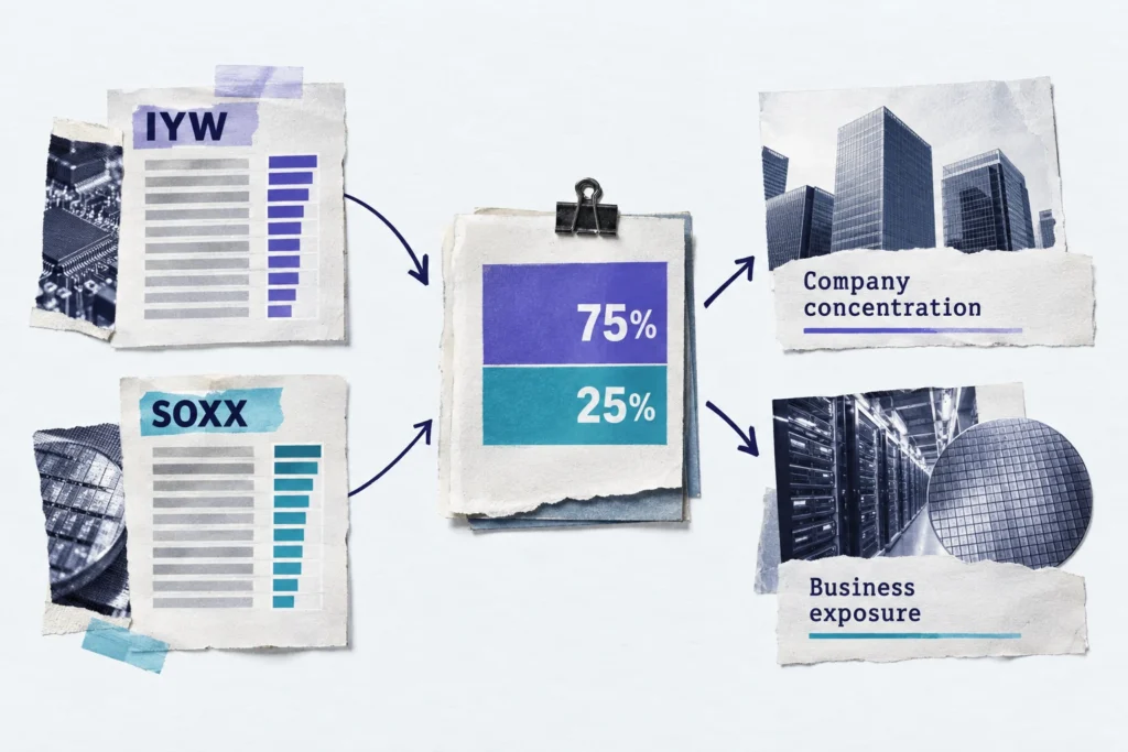Two ETF holdings lists combine into one portfolio assessed separately for company concentration and business exposure.