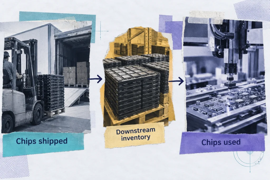 Chip shipments and production use separated by stock held in downstream inventory.