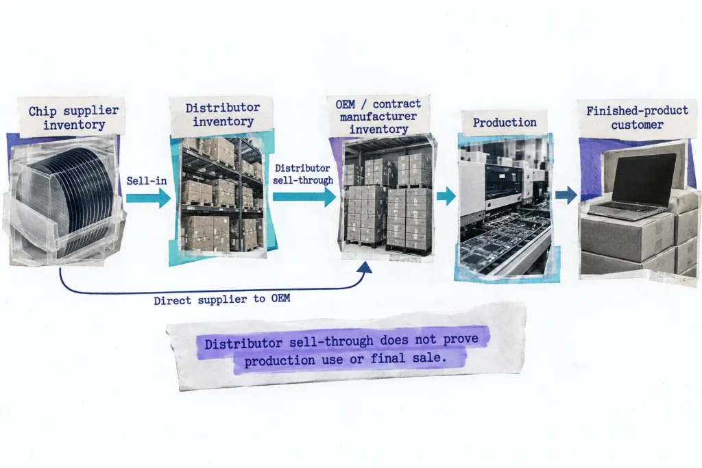Supply-chain diagram separates supplier shipments, distributor sell-through, component use, and finished-product sales.