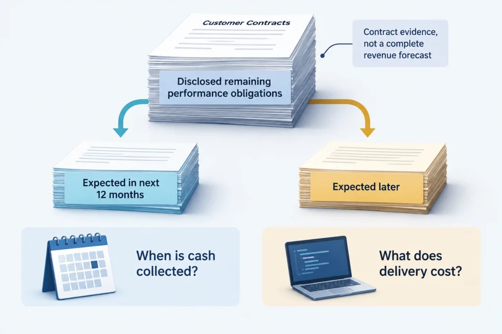 Disclosed RPO split by expected recognition timing, with cash collection and delivery costs shown as separate questions.