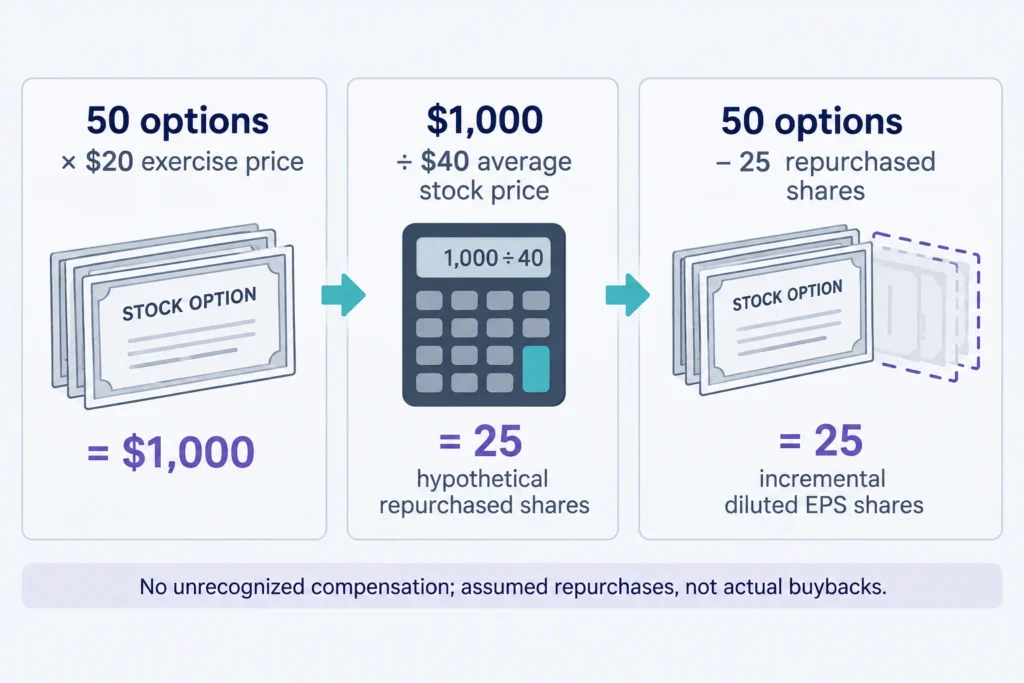 Fifty options generate 25 incremental diluted EPS shares after hypothetical repurchases using assumed exercise proceeds.