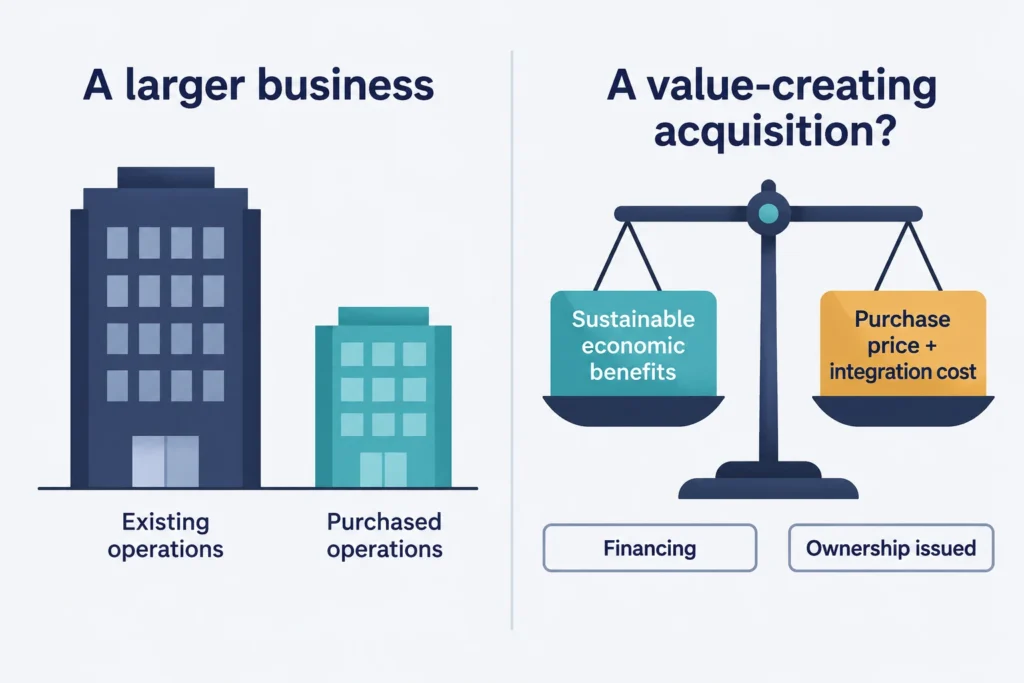 Comparison separating growth from purchased revenue and acquisition value measured against purchase and integration costs.
