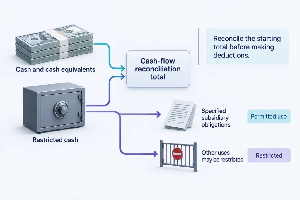 Cash-flow reconciliation includes restricted cash, which may fund specified obligations but not other uses.