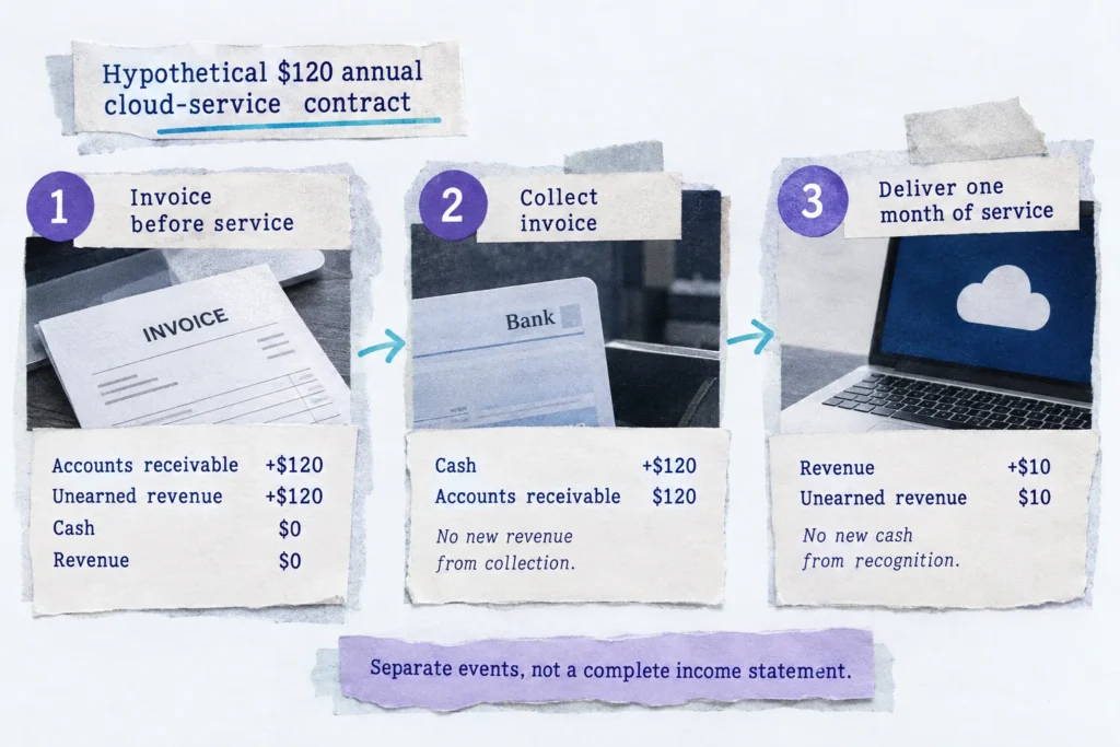 A hypothetical subscription invoice creates receivables and unearned revenue; collection creates cash, and service delivery creates revenue.