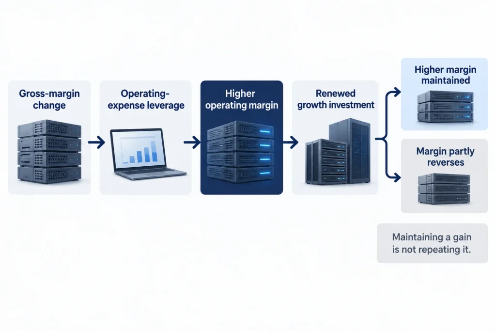 Gross-margin changes and operating-expense leverage feed into higher operating margin, which is then tested against renewed growth investment.